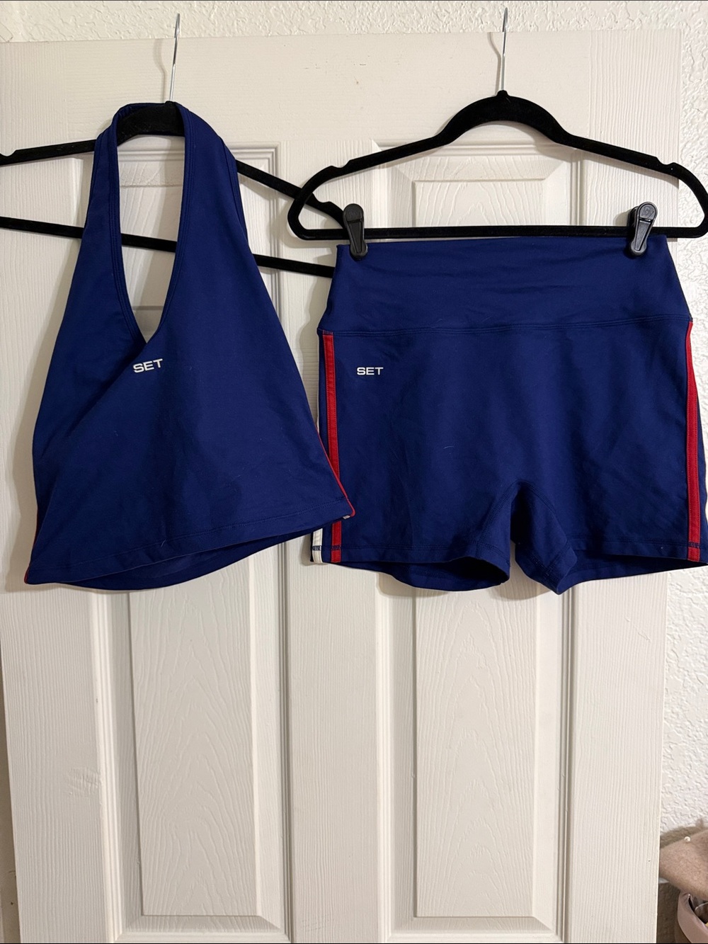 SET Active Navy Blue Halter Top and Bike Shorts with Red Side Stripes
